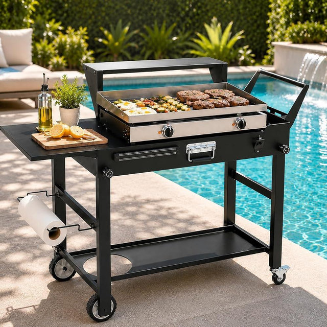 Grill Cart for Blackstone 17 and 22 Inch Griddle – 31.5" Tall Outdoor Griddle Table with Wheels, BBQ Prep Station with Side Shelf, Bar Top Shelf and Lower Storage, Foldable, Pizza Oven Compatible