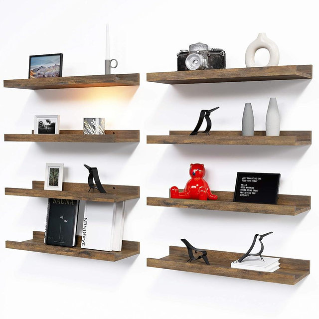 RICHER HOUSE 8 Set Floating Wall Mounted Shelves, Nursery Hanging Book Shelves with Lip for Storage, Display Picture Ledge Shelf for Bedroom Bathroom Kitchen Living Room Wall Decor, Rustic Brown