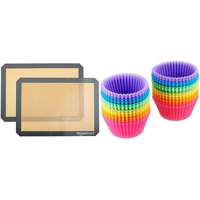 AmazonBasics Silicone, Non-Stick, Food Safe Baking Mat - Pack of 2 & Reusable, Silicone, Non-Stick Baking Cups Liners - Pack of 24