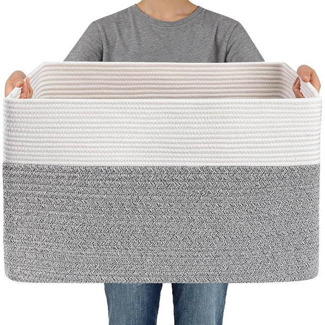 JMvicyroam Woven Blanket Basket,65L Large Storage Bin for Blankets Toys Clothes,Decorative Rope Basket for Living Room Bedroom with Handles, White&Grey