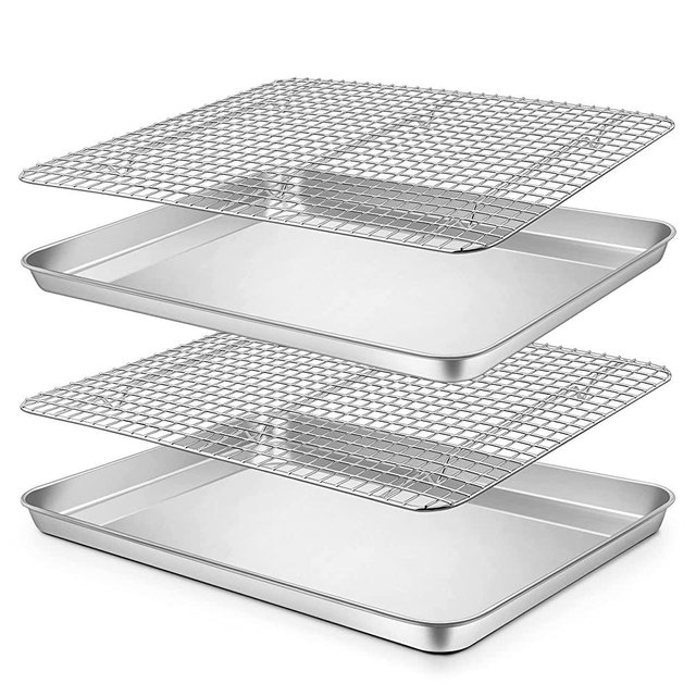 Half Baking Sheet and Grid Rack Set of 4, P&P CHEF Stainless Steel 17.5 Inch Cookie Sheets Pans Baking Trays with Cooling Racks, for Roasting/Cooking, Oven & Dishwasher Safe, (2 Pans + 2 Racks)