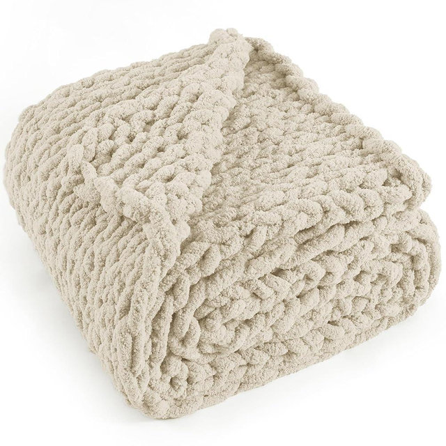 LONG CREATE Chunky Knit Throw Blanket 50"X 60", 100% Handmade with Soft Chenille Yarn, 4.4lbs Thick Cable Knitted Blankets, Large Rope Knot Crochet Throws for Couch Sofa Bed Home Decor, Beige
