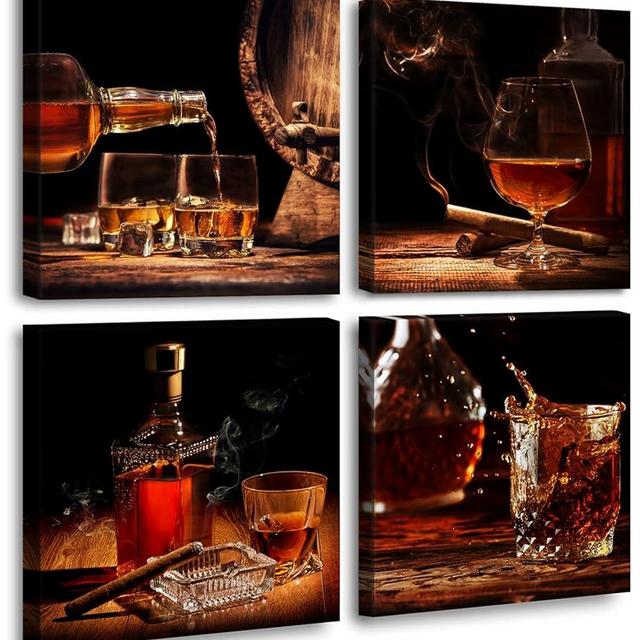 Kitchen Wall Art Wine Retro Artwork Decor Whisky Pictures Canvas Print Painting for Dining Room Bar Decorations Accessories 12"X12"X4 Framed