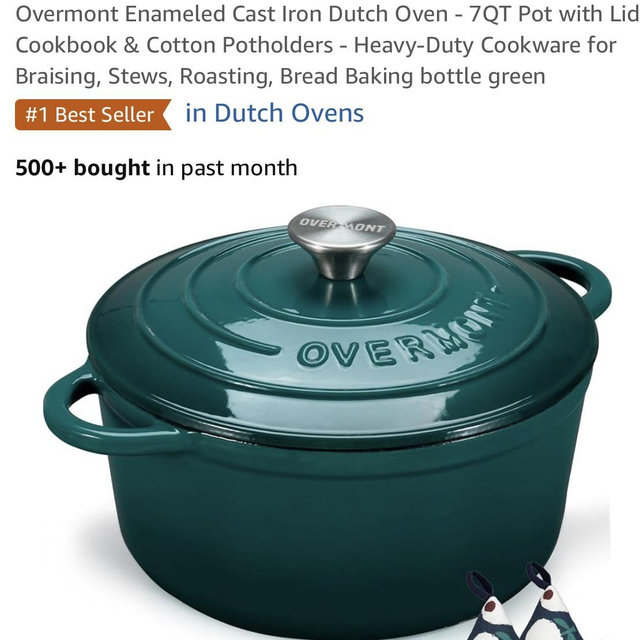Overmont Enameled Cast Iron Dutch Oven - 7QT Pot with Lid Cookbook & Cotton Potholders - Heavy-Duty Cookware for Braising, Stews, Roasting, Bread Baking bottle green