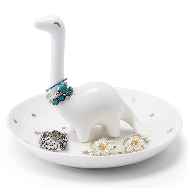 PUDDING CABIN White Dinosaur Ring Holder - Birthday Gifts for Women Unique Jewelry Dish Tray for Rings Earrings Bracelets Organizer - Cute Gifts for Women Girls Her Birthday Christmas Wedding Gifts
