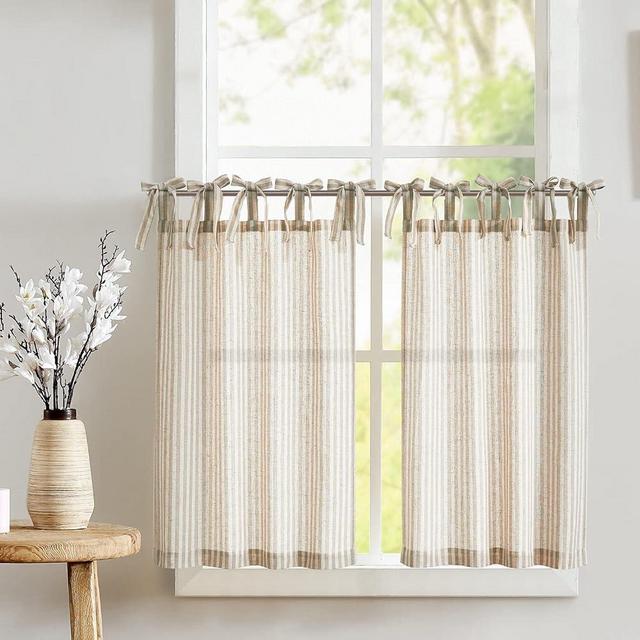 jinchan Kitchen Curtains 36 Inch Length Striped Tie Top Linen Tier Curtains Short Curtains for Living Room Bedroom Bathroom Farmhouse Light Filtering Rod Pocket Cafe Curtains 2 Panels Tan on Beige