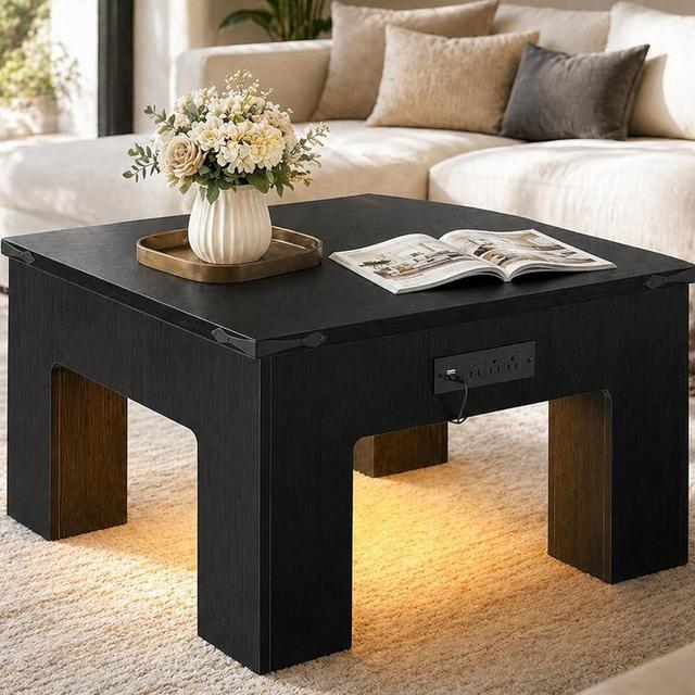 Cyclysio Square LED Coffee Table for Living Room, High Glossy Center Table with Power Outlet, Modern Tea Table with 16 Colors Lights, Easy Assembly Centerpiece, Set of 2, Black