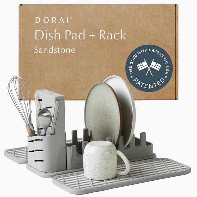 Dorai Home Collapsible Dish Drying Rack and Stone Dish Pad – Foldable Dish Drying Rack with Instant - Dry Stone Dish Mat – Space-Saving Dish Drainer Rack for Kitchen Counter -19.9" x 15.2" (Sandstone)