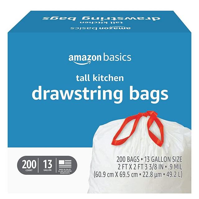 Amazon Basics Tall Kitchen Drawstring Trash Bags, 13 Gallon, 200 Count (Previously Solimo)