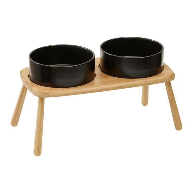 Havniva Raised Dog Bowl Non-Slip Ceramics Dog Bowl Adjustable Height Dog Bowl Dog Food Bowl Dog Dish Dog Water Bowl Protect Cervical Spine (8in Double Bowl + Chair Stand, Black)