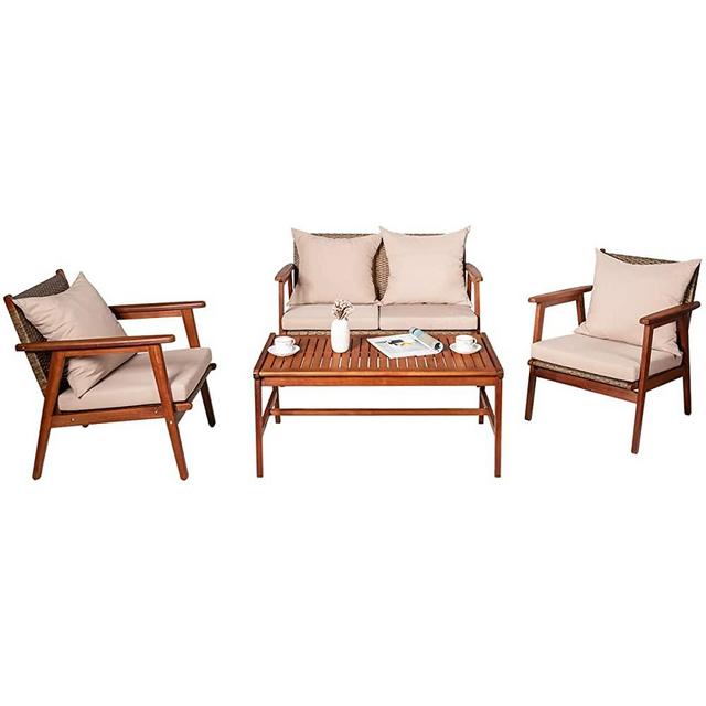 Tangkula 4 PCS Patio Wood Sofa Set, Outdoor Acacia Wood Seating Chat Set with Cushions & Coffee Table, Sectional Conversation Sofa Set for Garden, Backyard, Poolside (1, Brown)