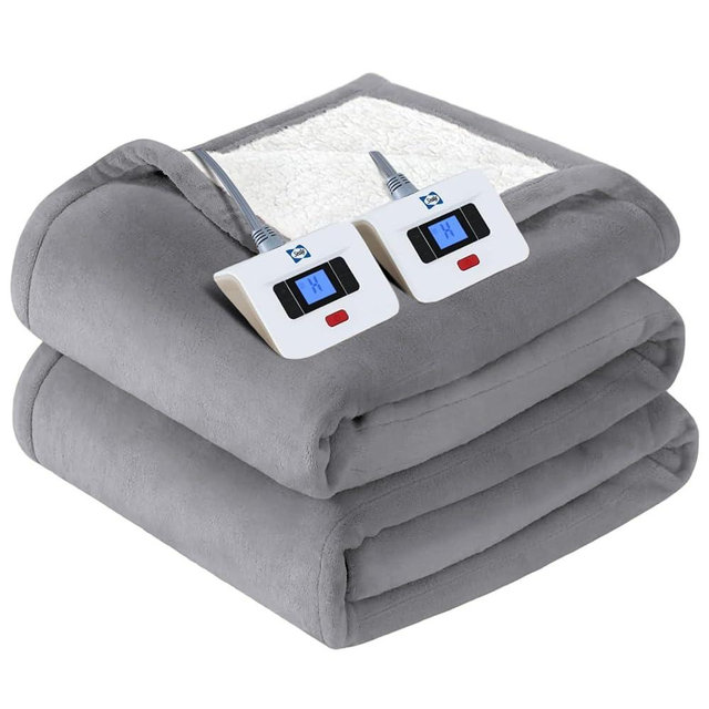 Sealy Electric Blanket Queen Size, Flannel & Sherpa Heated Blanket, 10 Heat Settings, Auto Shut Off, Machine Washable, Light Grey, 84 x 90 Inch