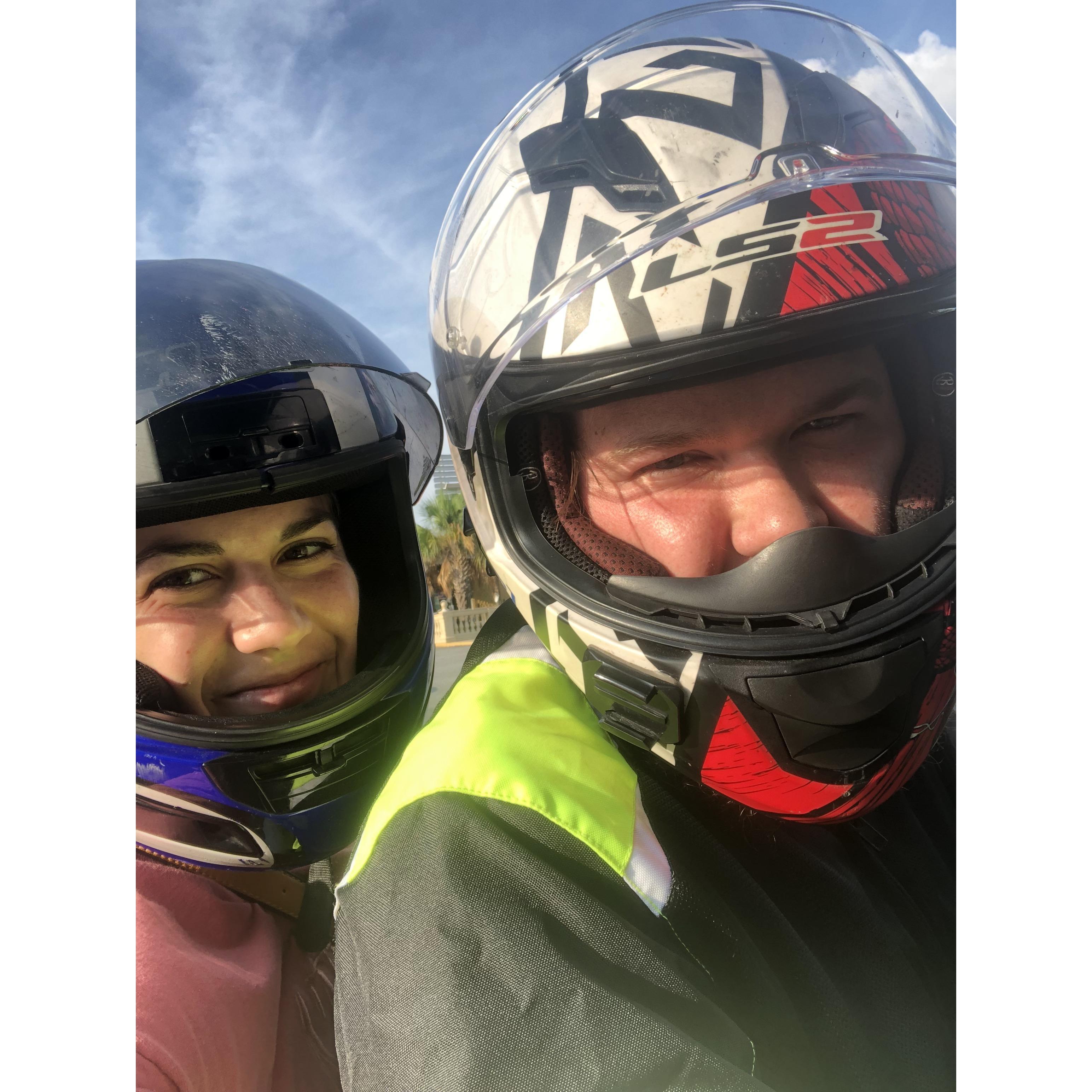 Enjoying Jonathan's motorcycle.