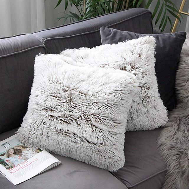 Uhomy Home Decorative Luxury Series Super Soft Style Artificial Fur Throw Pillow Case Cushion Cover for Sofa/Bed Brown Khaki Ombre 18x18 Inch 45x45 cm Set of 2