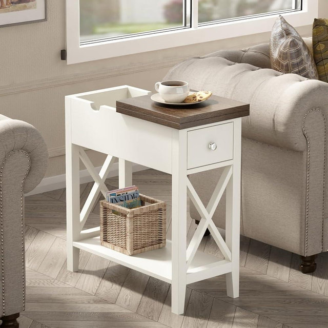 ChooChoo Farmhouse End Table with Drawer, Accent Small Side Table Nightstand for Living Room, Bedroom, and Small Spaces, Soft White