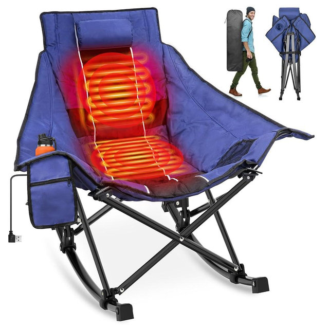 Suteck Heated Rocking Camping Chair, Fully Thicker Padded Heated Camping Chairs for Outdoor Sports W/3 Heat Levels for Back & Seat, Heated Rocking Chair for Adults with Carry Bag, Battery NOT Included