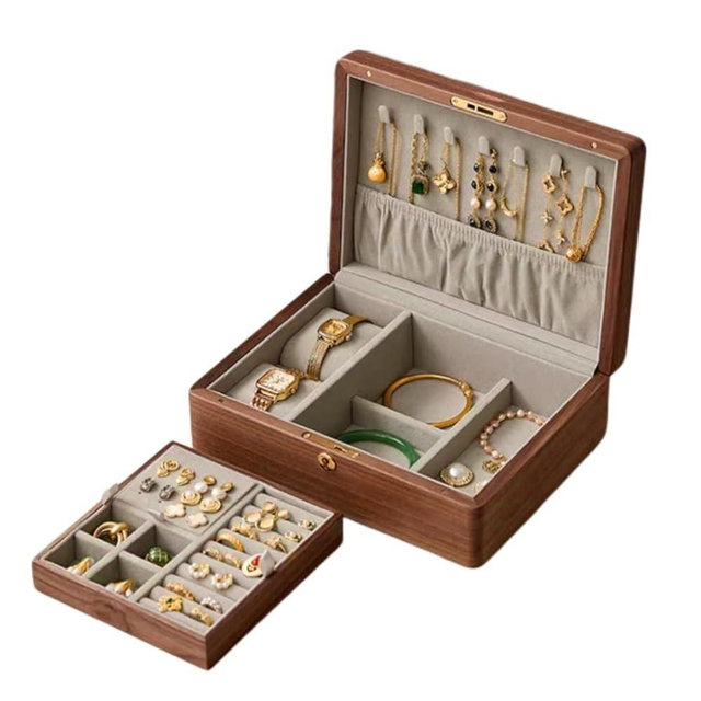 Bescott 2 Layer Solid Black Walnut Wooden Jewelry Box with Lock and Key for Women Wood Vintage Organizer for Men Earrings Rings Necklaces Bracelet Watch Storage Mother's Day Gift