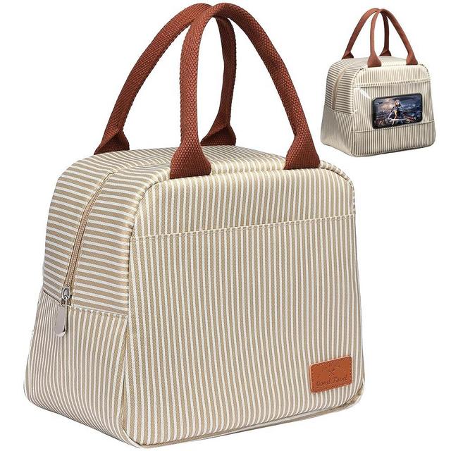 Bagseri Insulated Lunch Bag Women - Lunch Bag for Women Men Reusable Lunch Box Leakproof Thermal Cooler Sack Food Handbags Case High Capacity for Work and Travel (Khaki White Stripe)