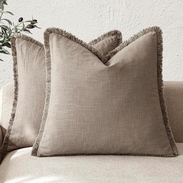 Foindtower Set of 2 Decorative Linen Fringe Throw Pillow Covers Boho Farmhouse Cushion Cover with Tassels Soft Accent Pillowcase for Couch Chair Sofa Bed Living Room Home Decor,24×24 Inch,Brown Tan