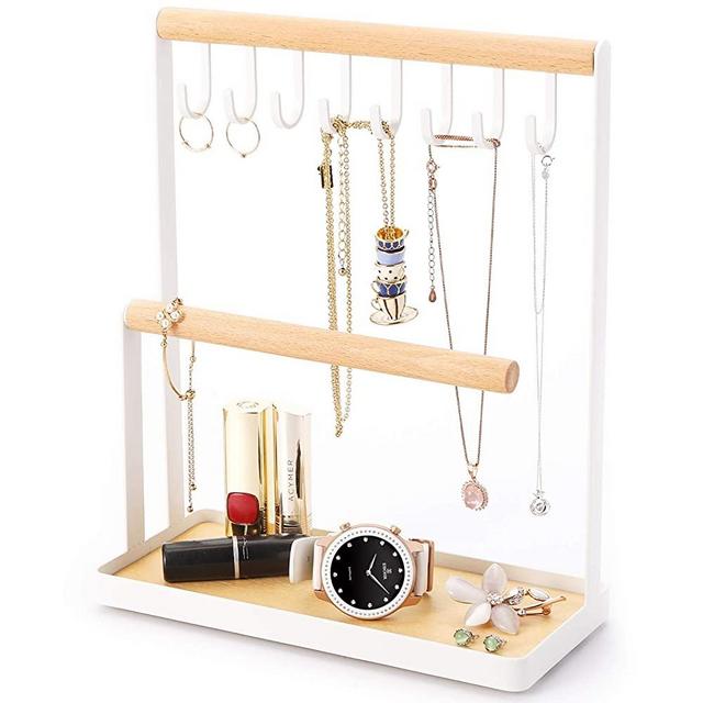 Hedume Jewelry Tree Stand Organizer, 3 Tier Table Top Necklace Holder with Jewelry Tray Base, White Metal and Wood Basic Large Storage Necklaces Bracelets Earrings Holder Organizer