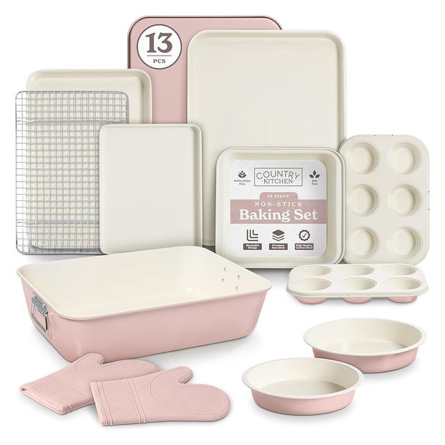 Country Kitchen Nonstick Stackable Bakeware Set - Deluxe Heavy Duty, Durable, Easy Release Baking Set, Pink, 13 Pcs with Handles