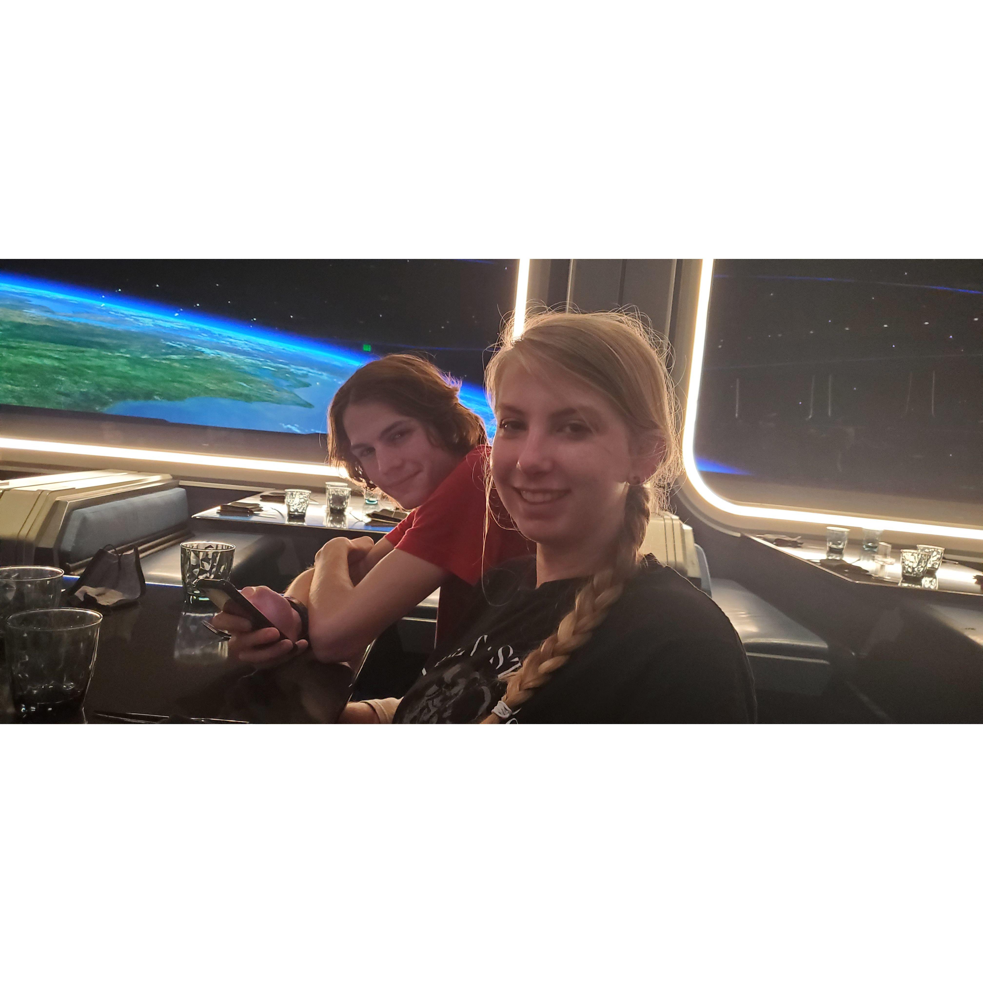 Eating in Space 220 at Epcot. The food was out of this world. Pretty spectacular (unless one decides to order the Lobster salad).