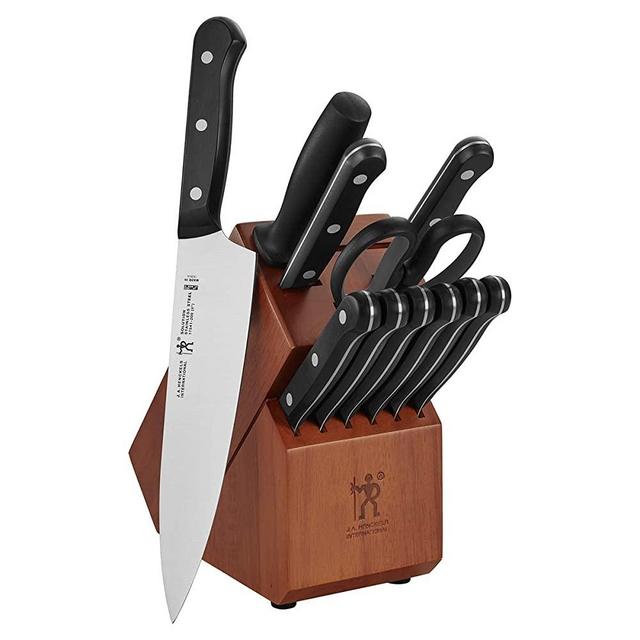 Henckels International Solution 12-pc Knife Block Set - Cherry, 6 Steak Knives, Paring Knife, Utility Knife, Chef's Knife, Sharpening Steel & Kitchen Shears