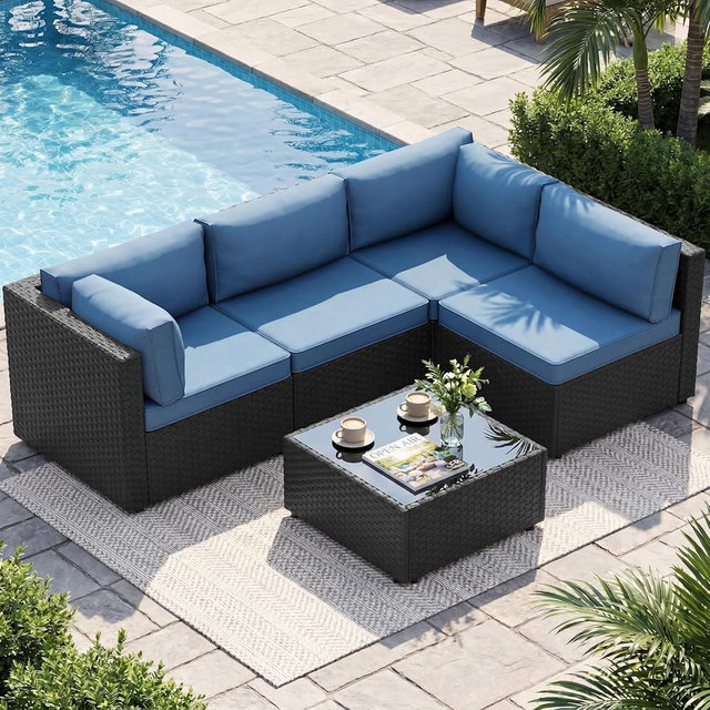 5 Piece Outdoor Patio Furniture Set,Black PE Rattan Wicker Sectional Sofa, All Weather Conversation Set with Washable Cushions & Glass Coffee Table for Backyard Poolside Garden Porch,Navy Blue