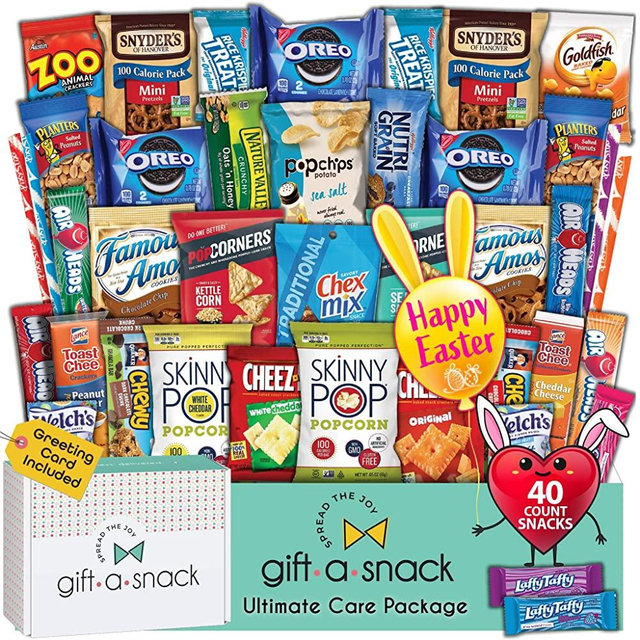 Easter Candies Gift Basket Snack Box Variety Pack Care Package + Greeting Card (40 Count) Sweet Treats Assortment Stuffers Chips Crackers Bars - Crave Food Birthday College Adults Kids, Gift A Snack