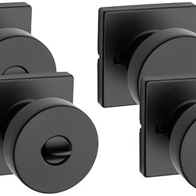 Kwikset Pismo Interior Privacy Door Knob with Lock, Door Handle for Bathroom and Bedroom, Matte Black Keyless Turn Lock Doorknob, with Microban Protection (Pack of 4)