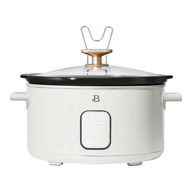 6 Qt Programmable Slow Cooker with Digital Timer, 5 Cooking Functions, Removable Ceramic Pot and Tempered Glass Lid, Dishwasher Safe (White Icing)