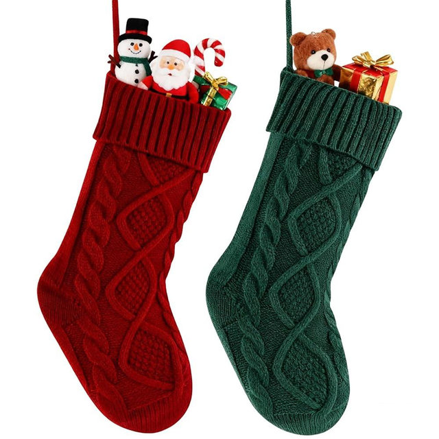 Lukiituke Christmas Stocking, 18 Inches Red and Green Knitted Christmas Stockings, 2 Pack Large Size Burgundy and Dark Green Christmas Stocking Gifts and Decorations for Family Christmas