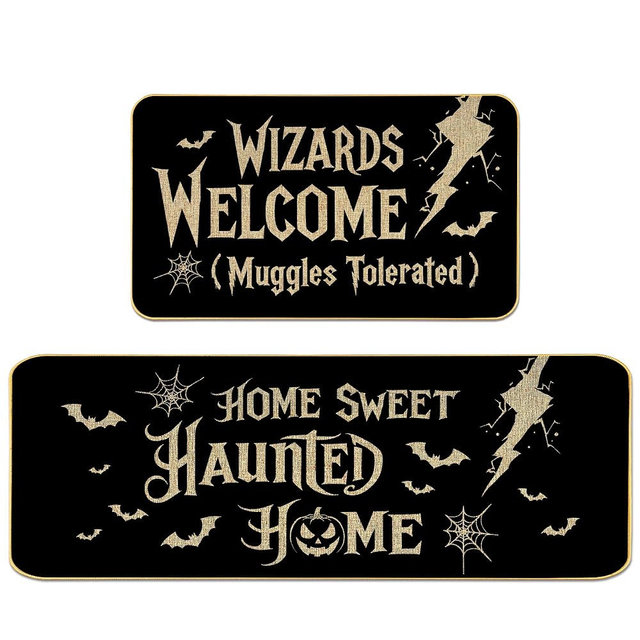 Halloween Kitchen Mat Set, 17"x29"and17 x47 Non-Slip Floor Rugs with “Wizards Welcome Muggles Tolerated” and “Home Sweet Haunted Home” Designs, Indoor Outdoor Spooky Halloween Decor