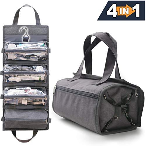 4-in-1 Hanging Toiletry Bag Travel Toiletries Bag for Women & Men - Roll Up Compact Cosmetic Kit with Hook | Waterproof, TSA Approved Removable Carry On Pouches (Heather Gray)