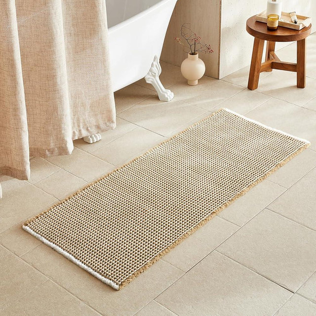 TYUU Waffle Runner Rug Bathroom, Long Boho Bathroom Rugs Non Slip Washable Super Absorbent Quick Dry Farmhouse Bath Decor, 60"x24" Khaki and White