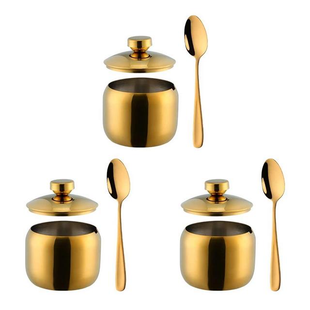 TUPMFG 3-Piece Seasoning Box with Spoon and Lid 304 Stainless Steel Condiment Canisters Pots Seasoning Jars for Spice Salt Sugar-Gold