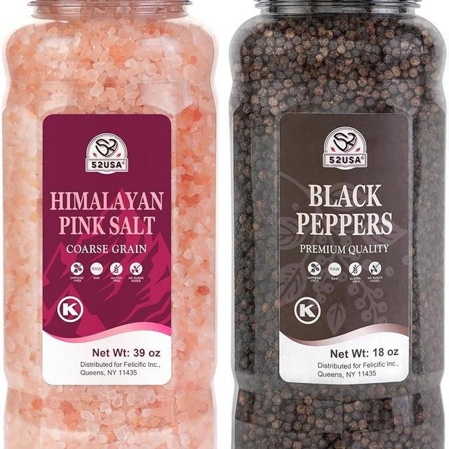 52USA Whole Black Peppercorns 18 oz + Himalayan Pink Salt (Coarse Grain) 39 oz, Salt and Pepper Grinder, Black Peppercorn Refil, Kosher Salt for Grinder Refill, Pink Himalayan Sea Salt, 2 Piece Set