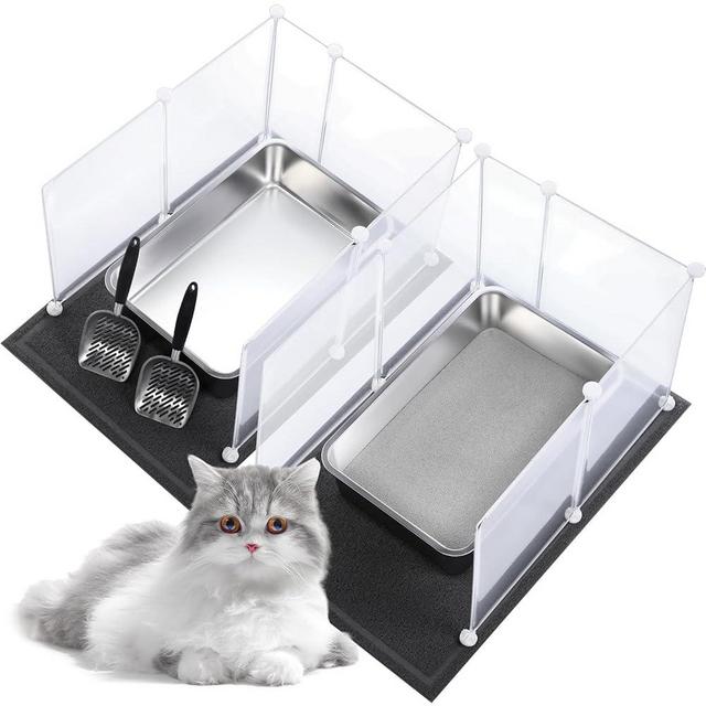 Tioncy 2 Pack Extra Large Stainless Steel Cat Litter Box, 2 Cat Litter Scoop, 2 Cat Litter Mat, 12 Corner Splash Guard Never Absorbs Odor, Rustproof, Non Stick Smooth Surface (23.6 x 15.8 x 5.9 Inch)
