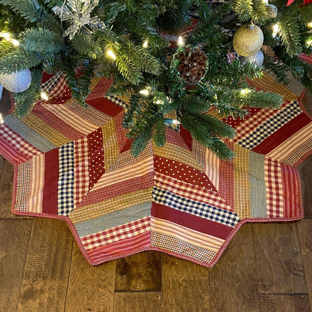 48" Primitive Quilted Plaid Homespun Cotton Farmhouse Christmas Tree Skirt by Marilee Home