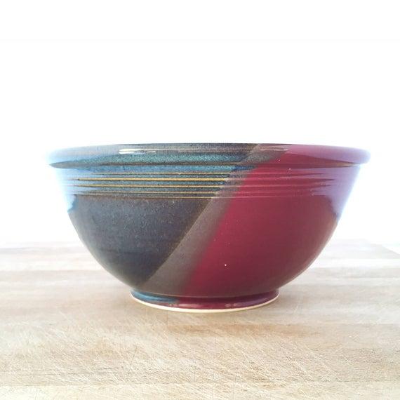 Serving /Mixing Bowl Handmade Blue and Red Large 9" Bowl-- Hand made stoneware ceramic serving mixing bowl - large ceramic blue mixing bowl