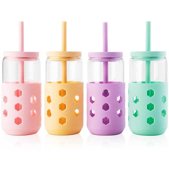 Mrsdry Glass Cups with Lids and Straws (4 Pcs), 16oz Drinking Glasses Set with Silicone Sleeves for Coffee Bar Accessories Iced Coffee Cups with Lids, Glass Tumbler Reusable for Gifts