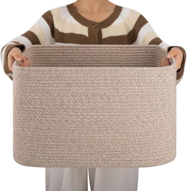 OIAHOMY Cotton Rope Basket, Rectangle Woven Nursery Blanket Basket, Toy Storage Basket with Handle, Baskets for Organizing, 18”x14”x12”, Brown variegated