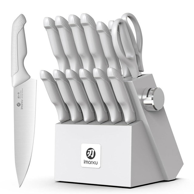 imarku 14-Piece Kitchen Knife Set, Gray Gyutou Knife Sets with Block and Build-in Sharpener, Ultra-Sharp Steak Knives Set of 6, Ergonomic Handle, Dishwasher Safe, New Apartment Essentials