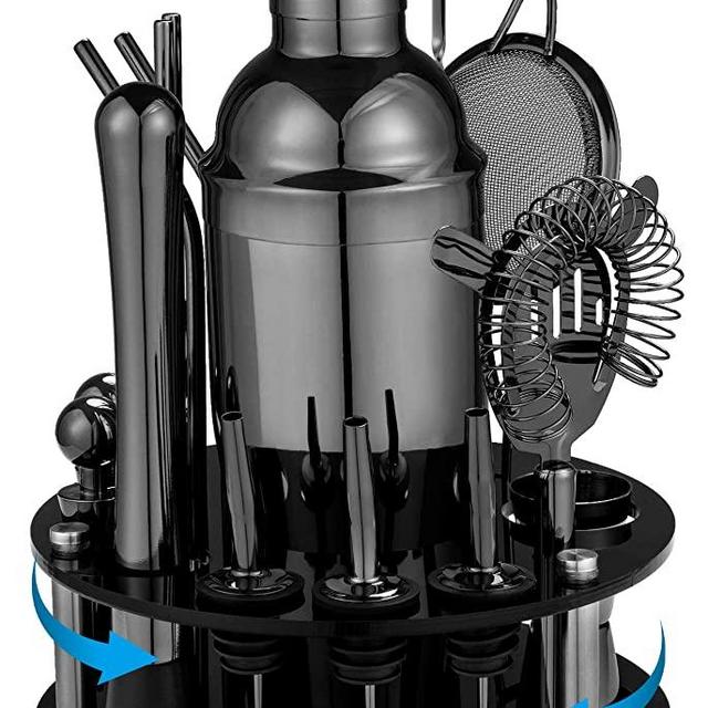 18 Piece Cocktail Shaker Set with Rotating Stand, Gifts for Men Dad Grandpa, Stainless Steel Bartender Kit Bar Tools Set, Home, Bars, Parties and Traveling (Gun-Metal Black)