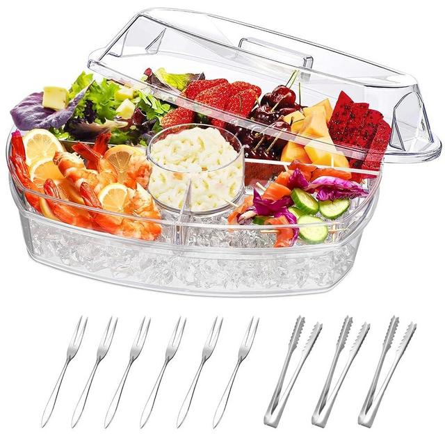 Chilled Serving Platters and Trays for Entertaining,Chilled Veggie Tray with Lid,Ice Serving Platters and Trays Cold Travel,Appetizer Fruit Snack Tray Keeps Food Cool
