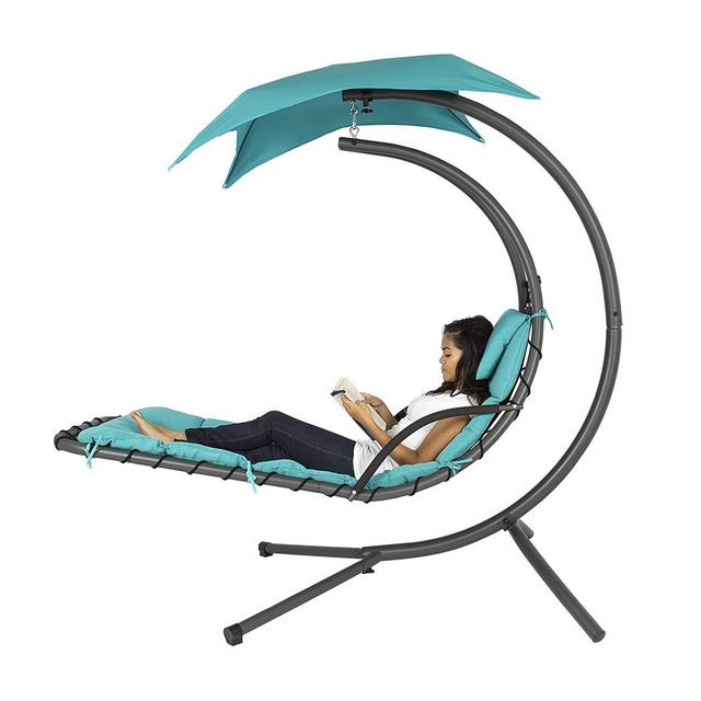 Best Choice Products Outdoor Porch Hanging Curved Chaise Lounge Chair Swing Hammock w/Pillow, Stand, Canopy - Teal