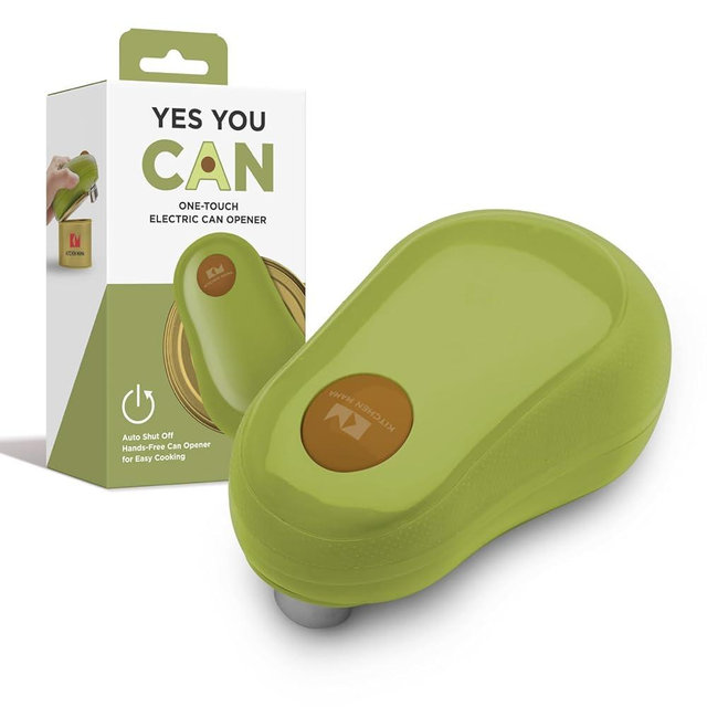 Kitchen Mama One Touch Electric Can Opener: Opens Cans with One Button Press, Auto-Stop, Ergonomic Design, Smooth Edge, Cordless, Food-Safe, Automatic, Hands Free, Battery Operated (Avocado)
