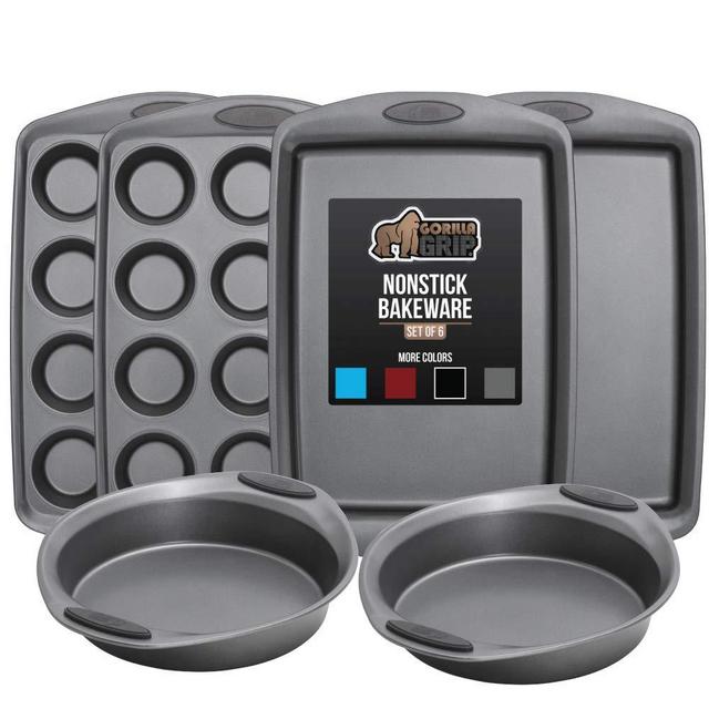 Gorilla Grip Original Kitchen Bakeware Sets, 6 Piece Baking Set with Silicone Handles, Includes 2 Large Size Cookie Sheets, 2 Round Oven Baking Cake Pans, Two 12 Cup Cupcake Pan, Gray