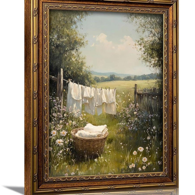 3D Textured Canvas Wall Art Vintage Carved Gold Frame Retro Cottagecore Laundry Farmhouse Country Landscape Relief Poster Print Artwork for Washroom Bathroom Laundry Room Home Decor