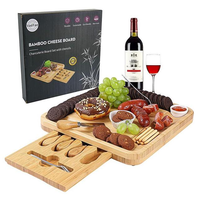 Cheese Board and Knife Set, Bamboo Charcuterie Board with Magnetic Slide-Out Drawer and 2 Ceramic Bowls